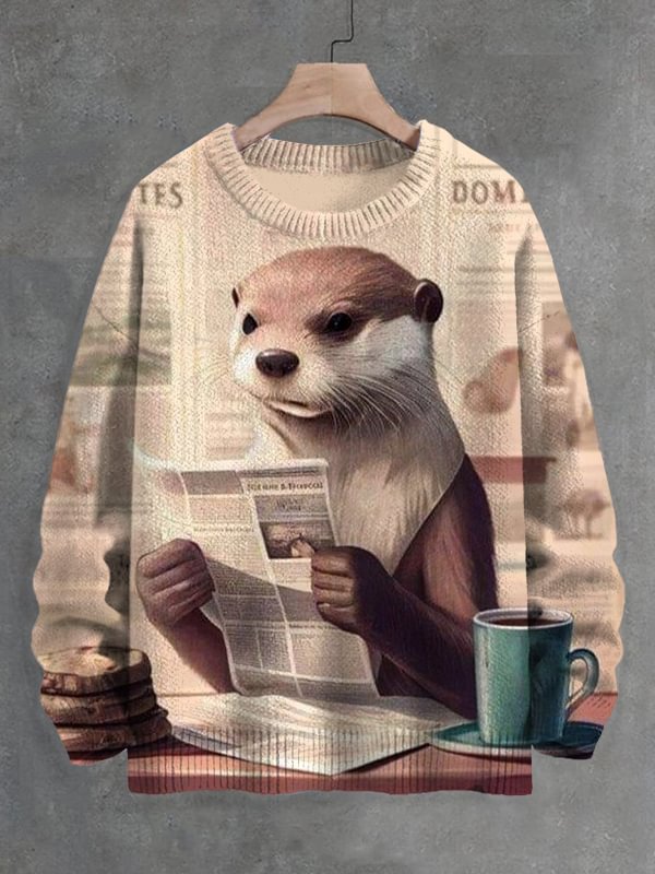 Men's Otter Drinking Coffee And Reading Newspapers In The Morning Print Knit Sweatshirt