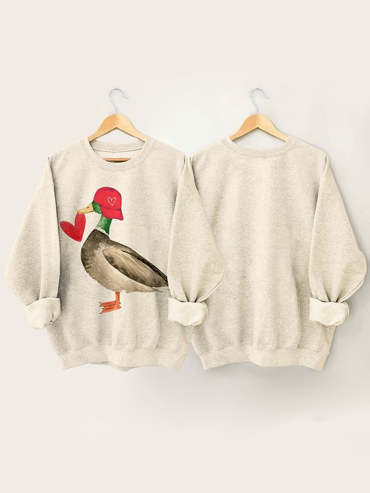 Women's Valentine's Day Love Duck Graphic Print Cotton Long Sleeve T-Shirt Thin Sweatshirt