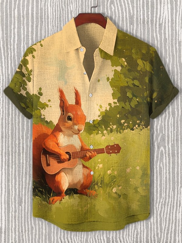 Men's Squirrel Playing Guitar On The Grass Art Print Casual Shirt