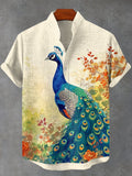 Men's Summer Boho Forest Peacock Watercolor Print Linen Blend Shirt
