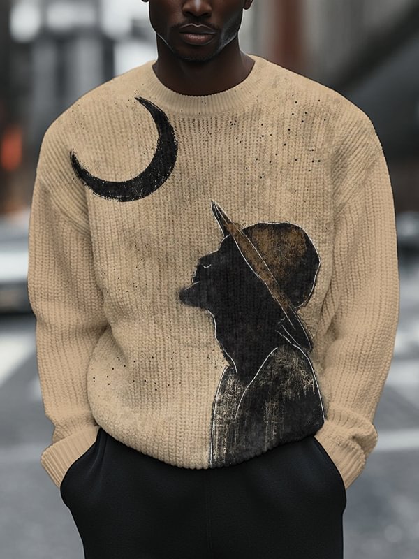 Men's African Old Man And The Moon Art Print Knit Sweatshirt