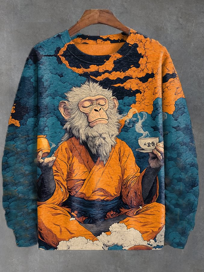 Men's Meditation Monkey Tasting Tea Art Print Casual Sweatshirt