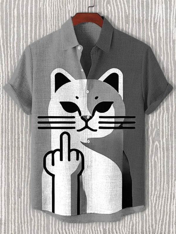 Men's Funny Cat Color Block Abstract Art Print Casual Shirt