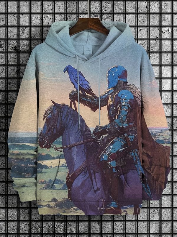 Men's Knight And Eagle Print Casual Hoodie