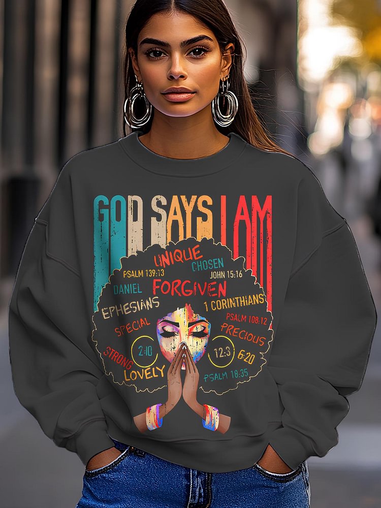Women's Black Girl God Says I Am Black Melanin History Month Pride Print Cotton Long Sleeve T-Shirt Thin Sweatshirt