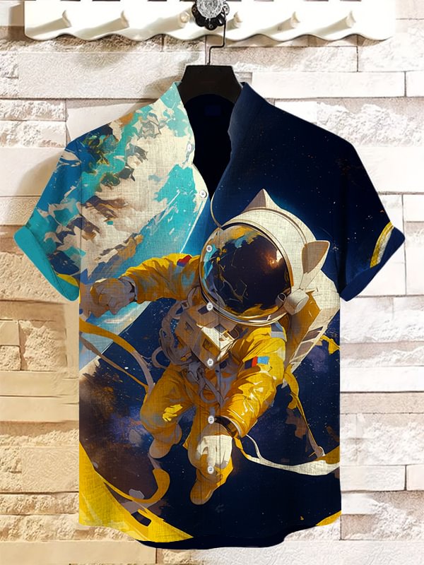 Men's Space Astronaut Cat Pattern Art Print Casual Shirt
