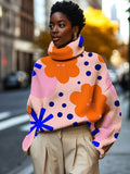 Women's Geometric Flower Pattern Art Print High Neck Knit Sweatshirt