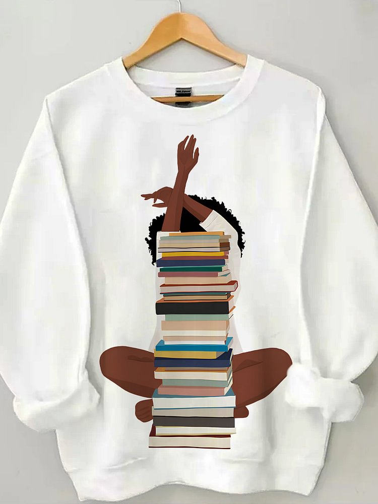 Women's Reading Lover Graphic Print Cotton Long Sleeve T-Shirt Thin Sweatshirt