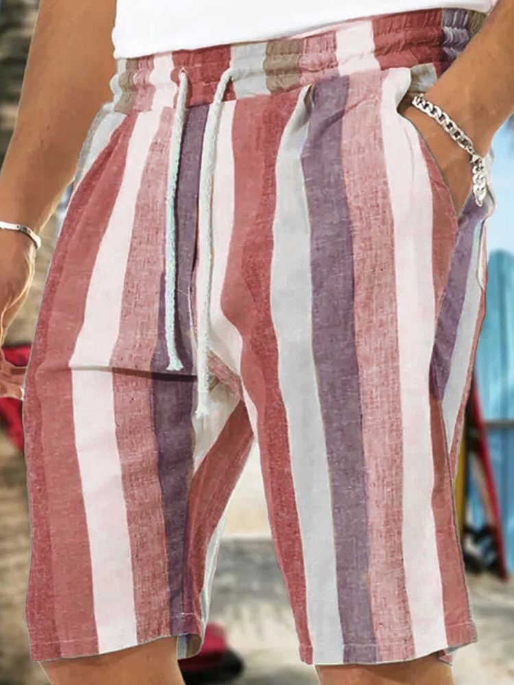 Men's Slant Pocket Striped Print Drawstring Beach Shorts