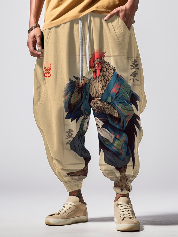 Men's Fun Rooster Samurai Ink Painting Print Loose Drawstring Waist Sweatpants