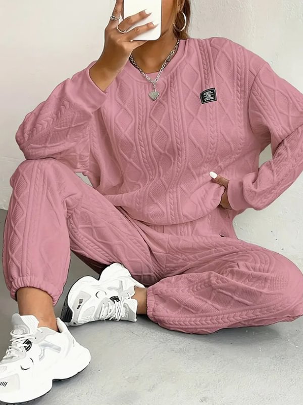 Women's Casual Solid Jacquard Textured Long Sleeve Sweatshirt Pants Matching Set