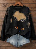 Women's Mysterious Woman And Black Cat Art Print Casual Sweatshirt