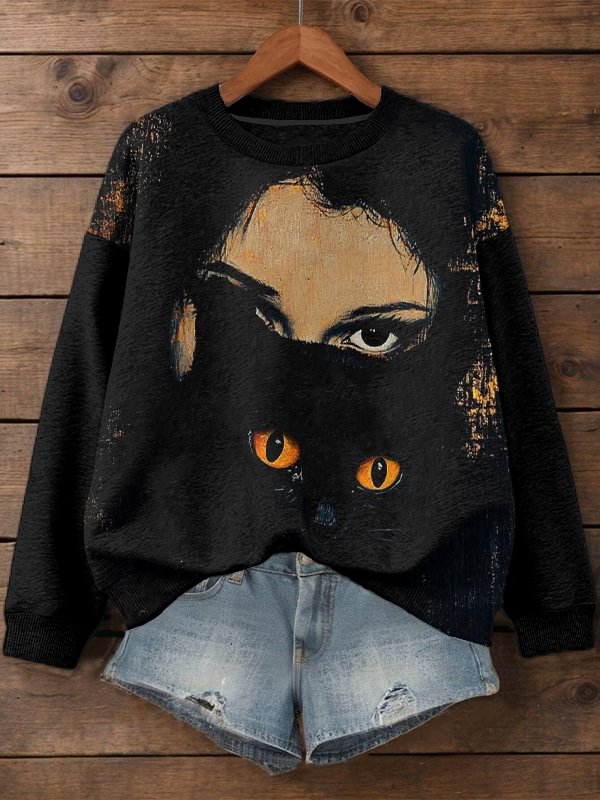 Women's Mysterious Woman And Black Cat Art Print Casual Sweatshirt