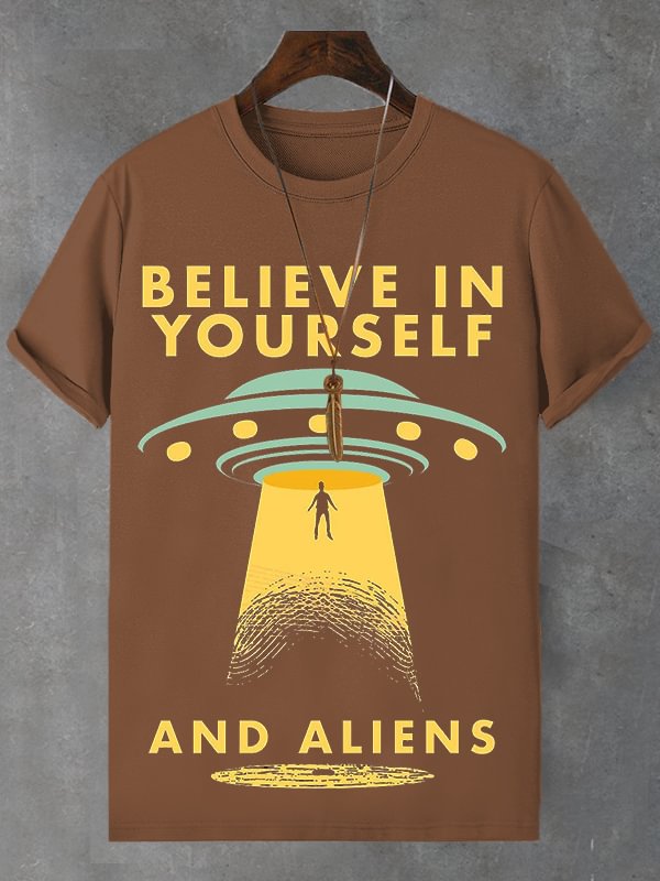 Men's UFO Aliens Believe In Yourself Print Cotton Casual T-Shirt