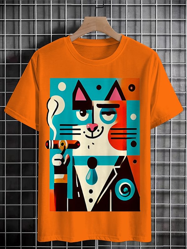 Men's Cat Smoking Cigar Art Print Cotton Casual T-Shirt
