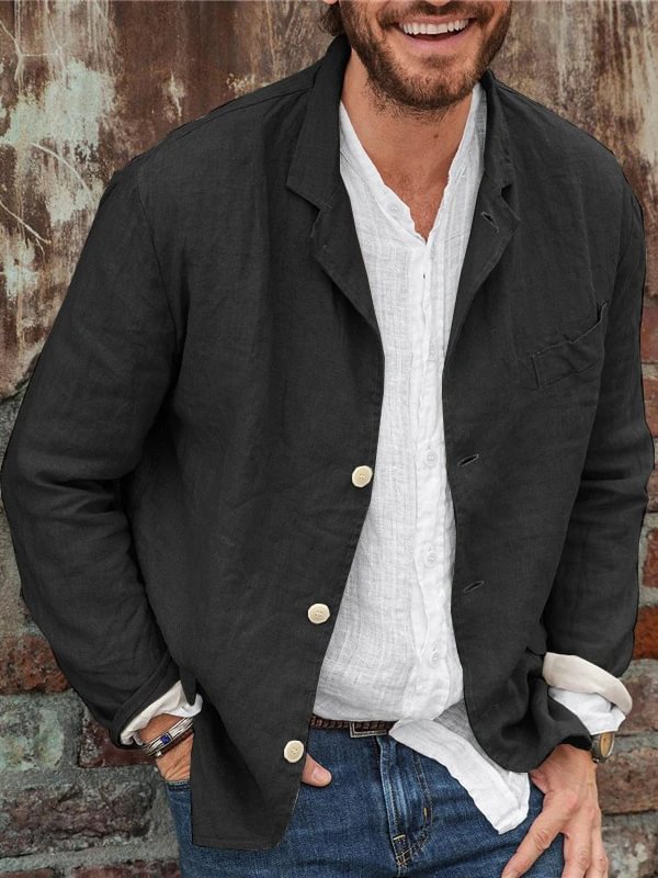 Men's Lapel Collar Button Up Long Sleeve Cotton Linen Plain Shirt
