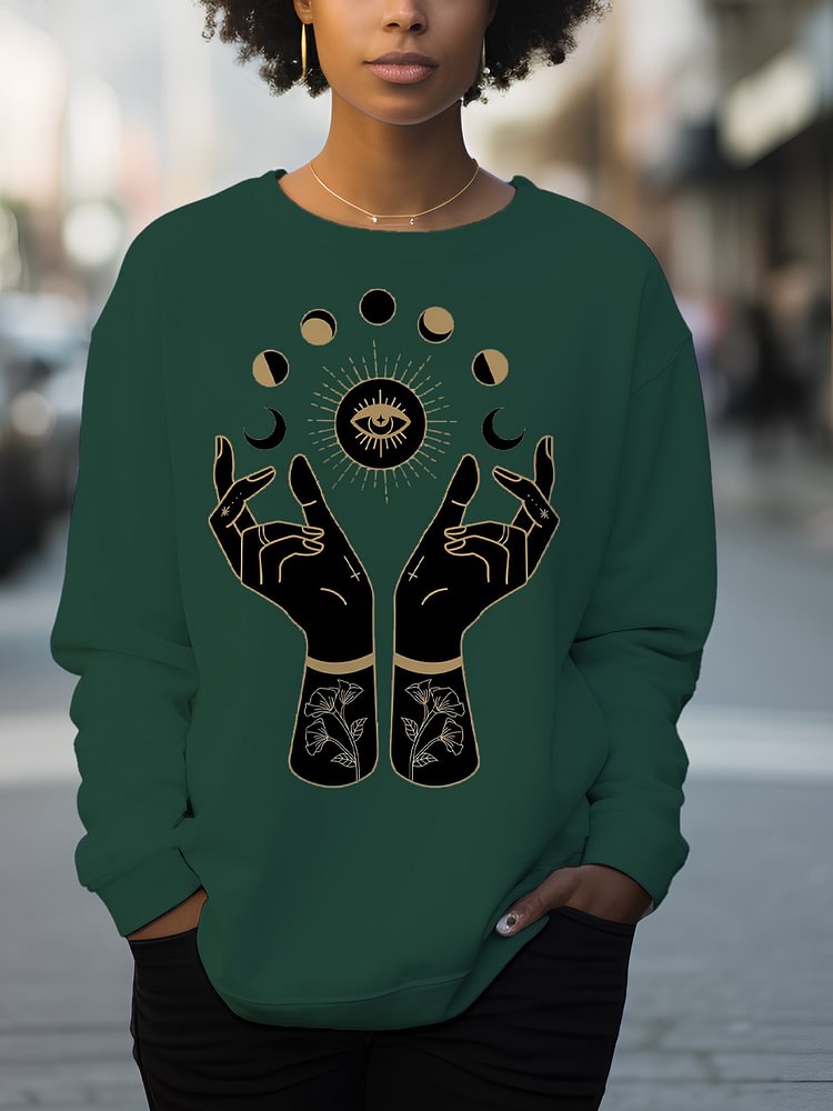 Women's Mysterious Eyes Hands Moon Print Cotton Long Sleeve T-Shirt Thin Sweatshirt