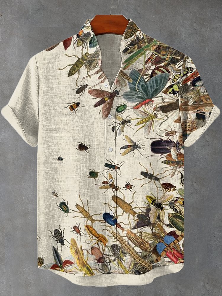Men's Retro Boho Cicada Insect Fluid Art Print Linen Blend Shirt