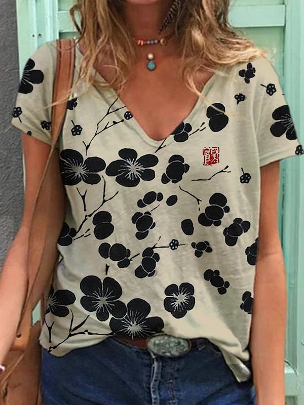 Cherry Blossom Japanese Lino Art Vintage V-Neck T-Shirt