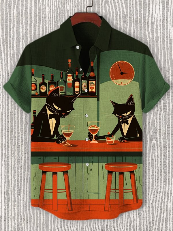 Men's Drinking and Conspiring Cats Print Shirt