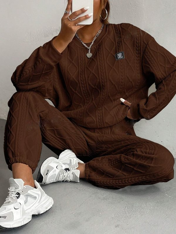Women's Casual Solid Jacquard Textured Long Sleeve Sweatshirt Pants Matching Set
