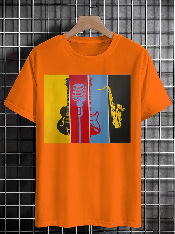 Men's Guitar Microphone Saxophone Color Block Print Cotton Casual T-Shirt