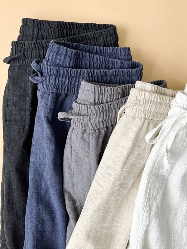 Men's Casual Solid Slant Pocket Elastic Waist Drawstring Straight-Leg Cotton Pants