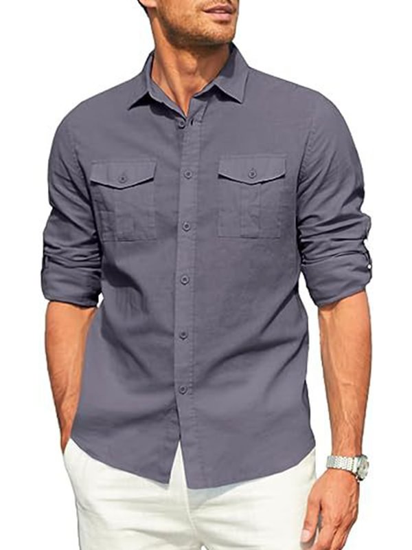 Men's Casual Chest Pockets Single Breasted Long Sleeve Shirt