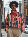 Women's Multicolor Geometric Pattern Print High Neck Knit Sweatshirt