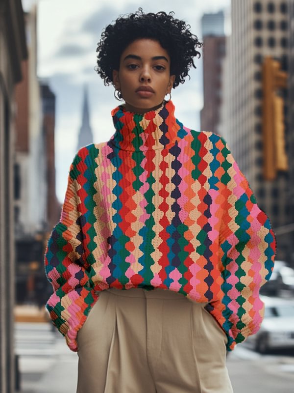 Women's Multicolor Geometric Pattern Print High Neck Knit Sweatshirt