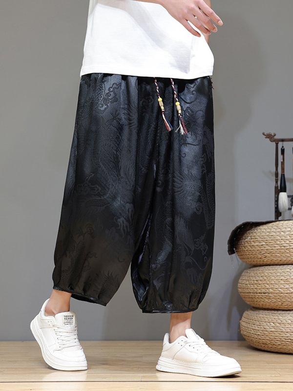 Men's Casual Dragon Pattern Jacquard Drawstring Waist Crop Harem Pants