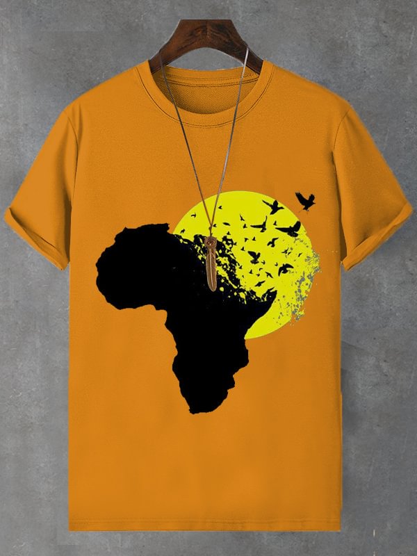 Men's Birds African Map Illustration Print Cotton Casual T-Shirt