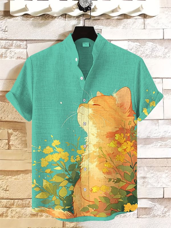Men's Cat In The Flowers Under The Sun Art Print Casual Shirt