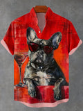 Men's Vintage Bulldog Wine Art Print Linen Blend Shirt