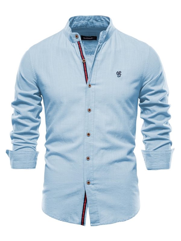 Men's Pattern Embroidery Stand Collar Long Sleeve Button Shirt