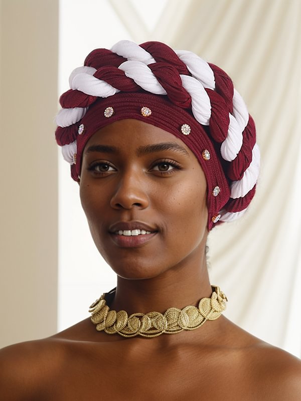 Women's Strip Rhinestone Decor Color Block Braid Turban Hat