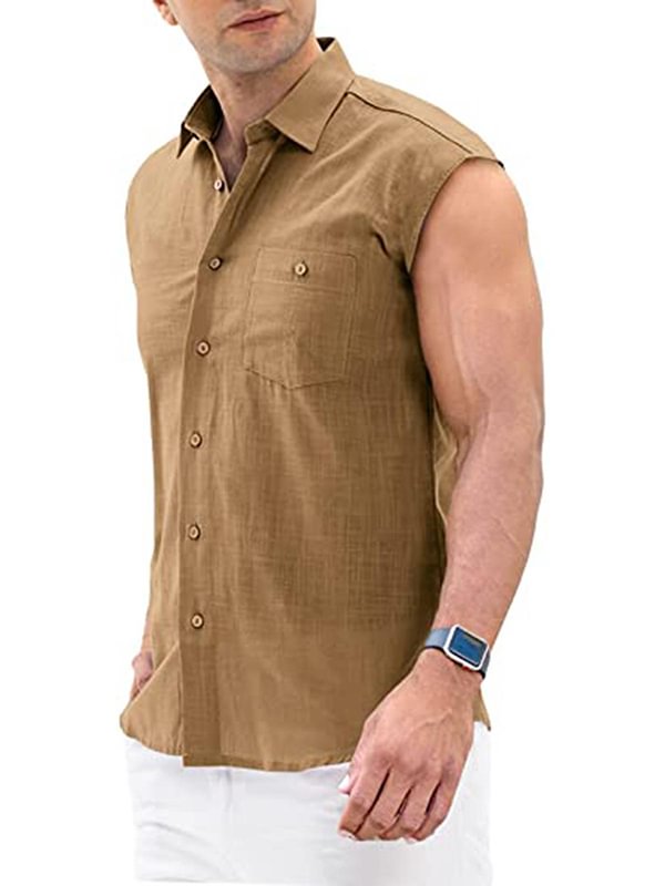 Men's Casual Solid Button Up Turndown Collar Sleeveless Shirt