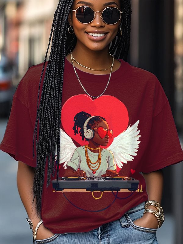 Women's Valentine's Day DJ Print Cotton Casual T-Shirt