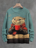 Men's Otter Drinking Coffee Print Knit Sweatshirt