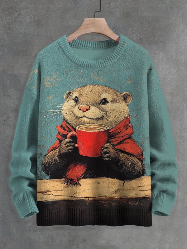 Men's Otter Drinking Coffee Print Knit Sweatshirt