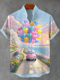 Men's Seaside Flower Road Romantic Car Valentine's Day Art Print Casual Shirt