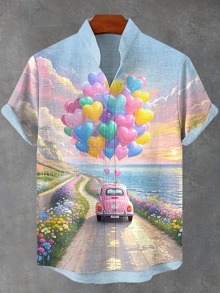 Men's Seaside Flower Road Romantic Car Valentine's Day Art Print Casual Shirt