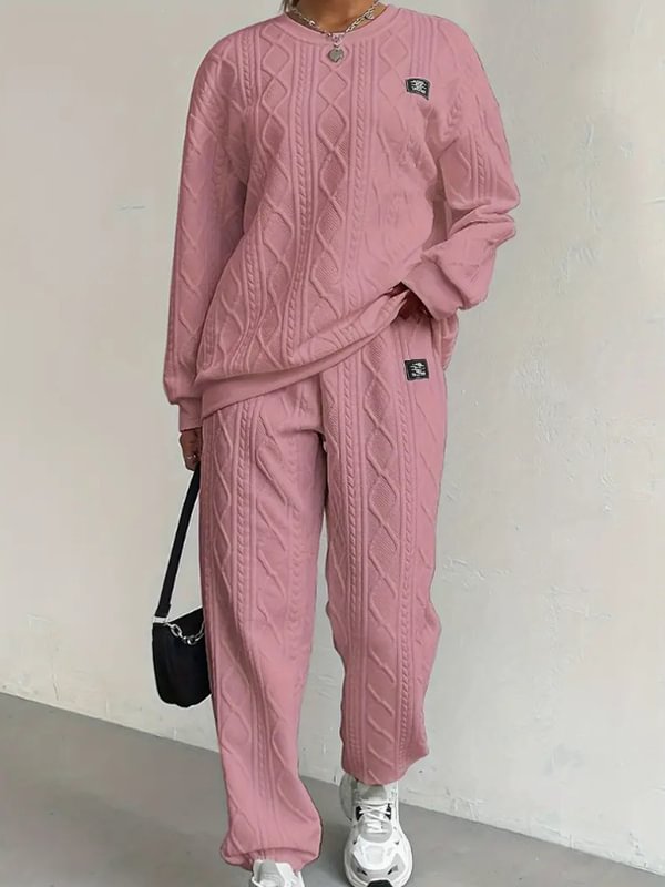 Women's Casual Solid Jacquard Textured Long Sleeve Sweatshirt Pants Matching Set