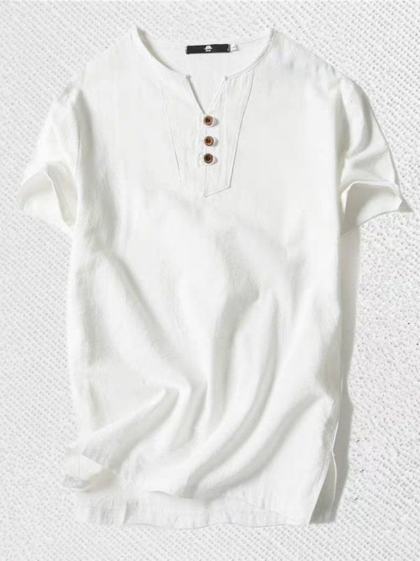 Men's Solid Color Side Slit Loose Short Sleeve Button Shirt