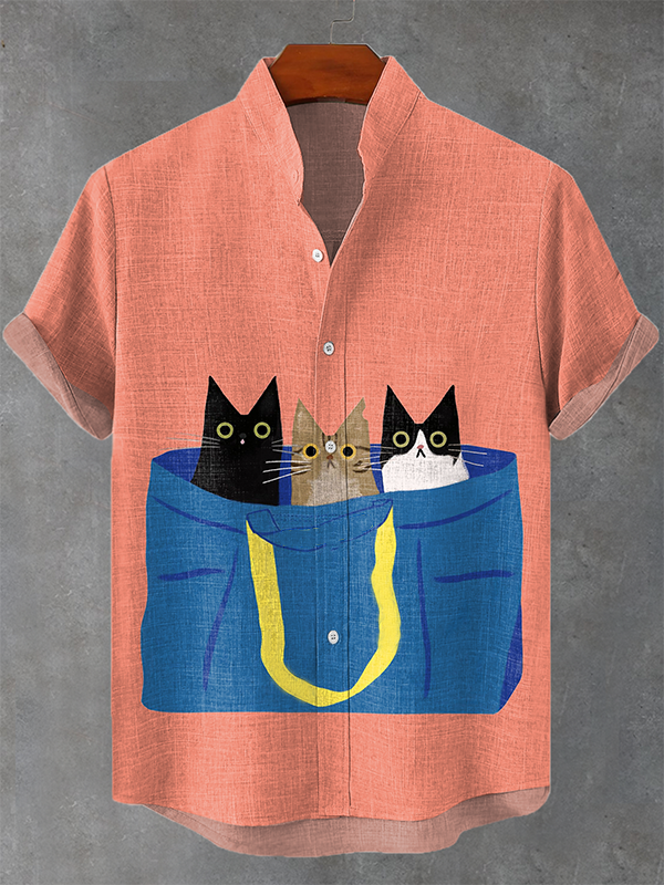 Men's Funny Cats In Bag Art Print Short Sleeve Casual Shirt