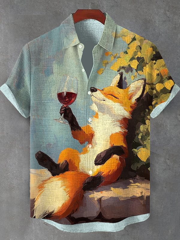 Men's Chilling Fox Forest Red Wine Oil Painting Print Shirt