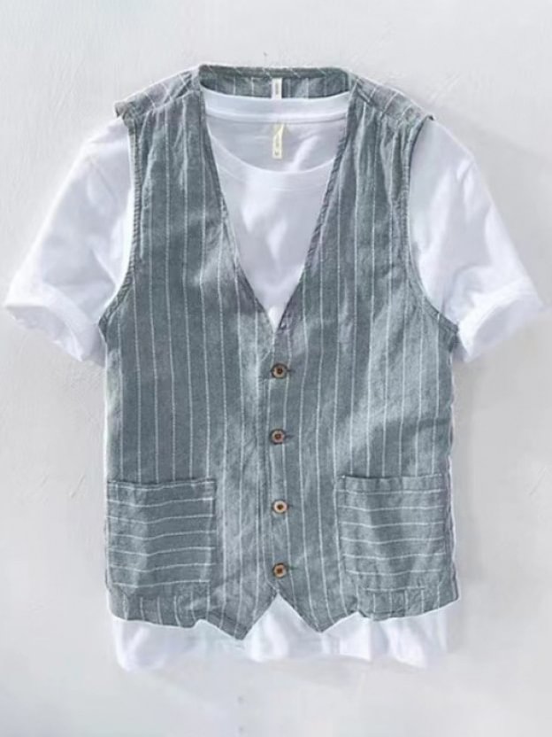 Men's Striped Single Breasted Vest Plain T-Shirt Two Piece Set