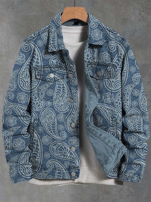Men's Classic Paisley Patterns Print Denim-Like Long Sleeve Shirt