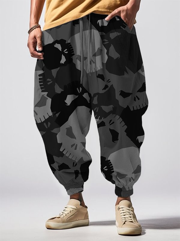 Men's Skull Camouflage Print Loose Drawstring Waist Sweatpants