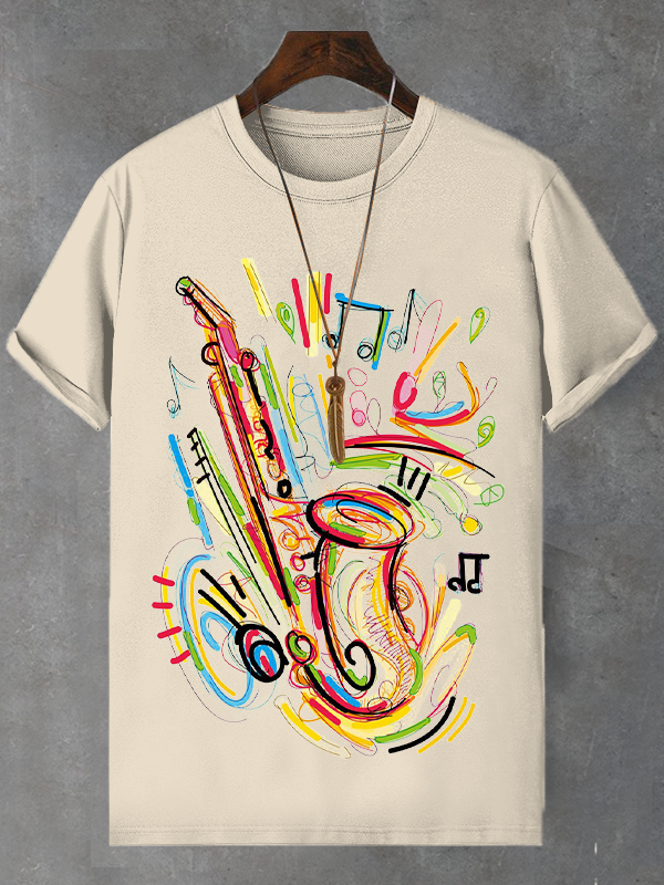 Men's Colourful Saxophone Notes Graffiti Print Cotton Casual T-Shirt